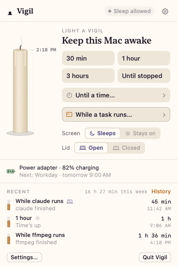 Vigil’s popover with an unlit candle and choices: 30 min, 1 hour, 3 hours, until stopped, until a time, or while a task runs