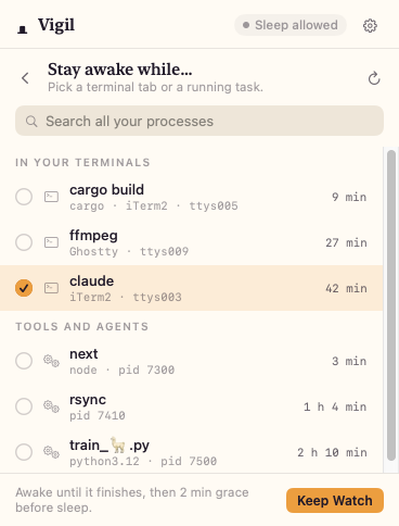 Vigil’s task picker listing terminal tabs and running tools with how long each has run