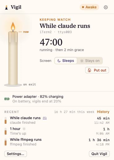 Vigil keeping watch while claude runs in an iTerm2 tab, with a 2-minute grace period after it exits